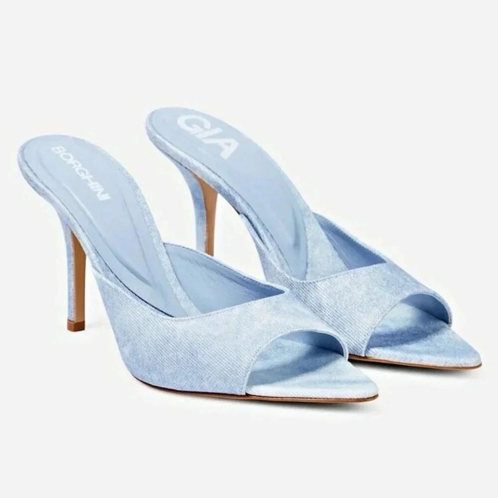 Gia Borghini Perni 04 Women's Denim High Heels Mules Size 38 It (Msrp $615)